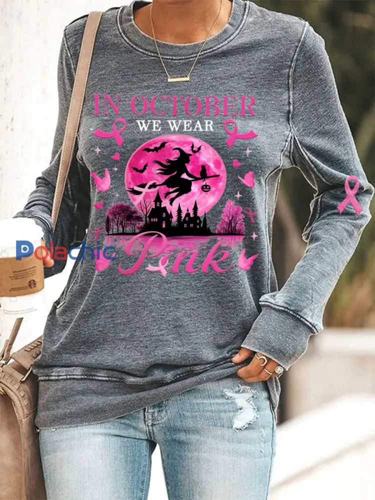 Femmes en octobre nous portons rose rose Halloween sorcière sensibilisation au cancer du sein Sweatshirt Gris / S