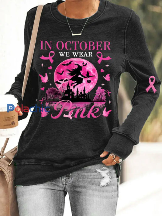 Femmes en octobre nous portons rose rose Halloween sorcière sensibilisation au cancer du sein Sweatshirt Noir / S