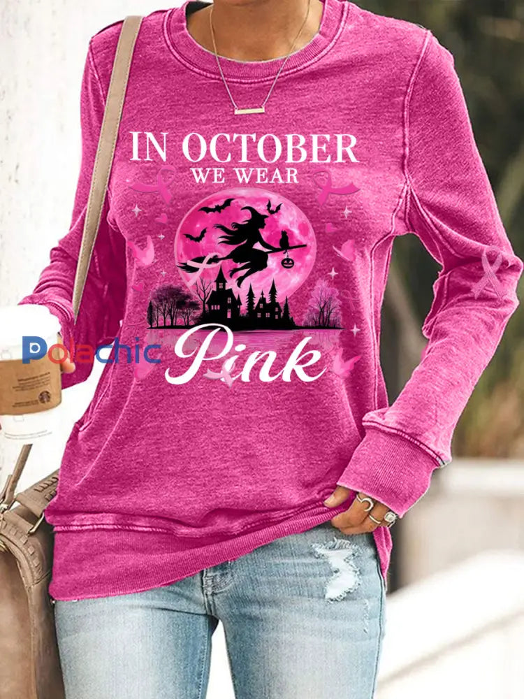 Femmes en octobre nous portons rose rose Halloween sorcière sensibilisation au cancer du sein Sweatshirt Rose Rouge / S