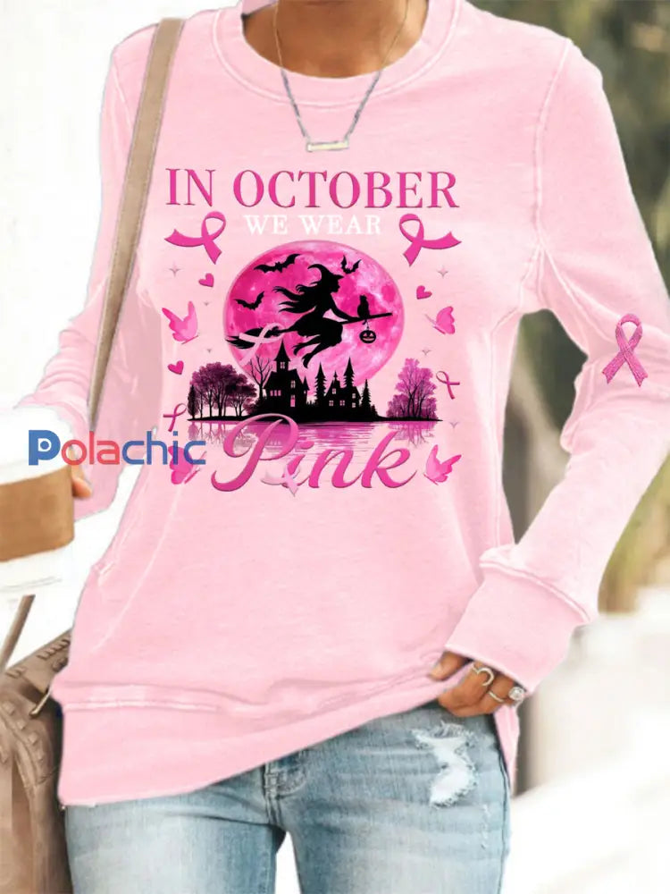 Femmes en octobre nous portons rose rose Halloween sorcière sensibilisation au cancer du sein Sweatshirt Rose / S