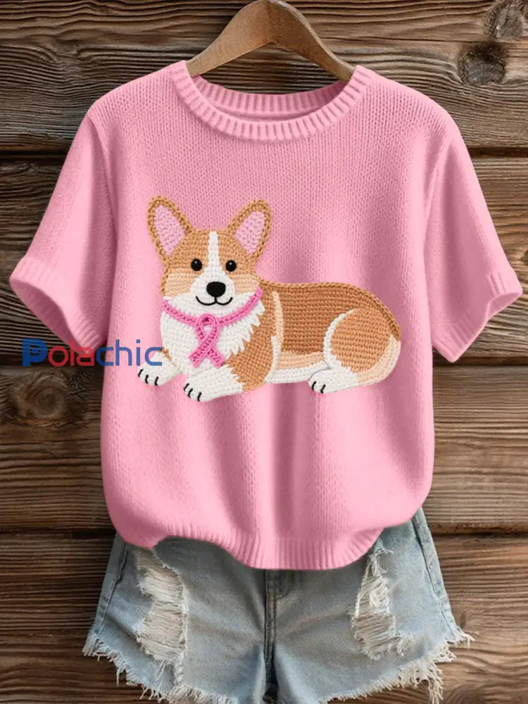 Femmes Lovely Corgi Crochet Motif Cosy Knit Top Rose / S