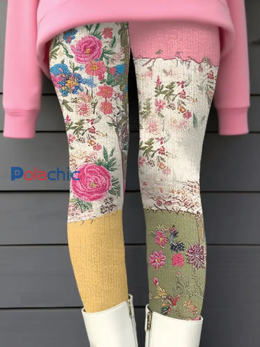 Femmes Retro Breast Cancer Floral Art Leggings comme image / S