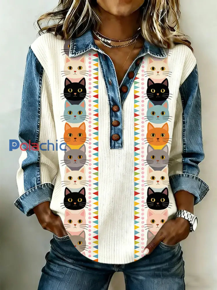 Femmes Rétro Mignon Multicolore Chats Denim Patchwork Haut Beige / S