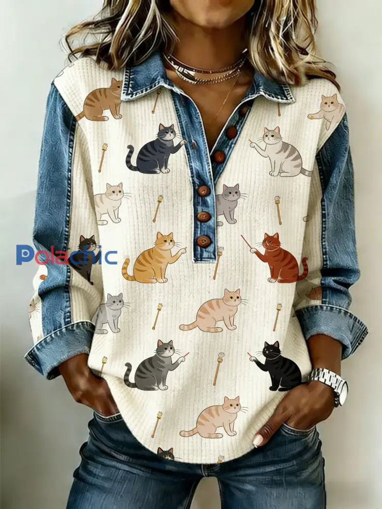 Femmes Rétro Mignon Multicolore Chats Denim Patchwork Haut Beige / S