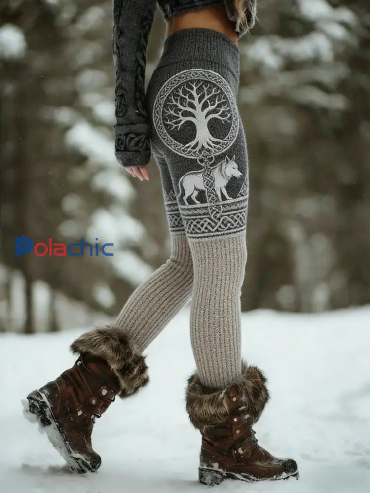 Femmes Retro Viking Wolf Noeud Celtique Arbre De Vie Gradient Sport Stretch Leggings Gris / S