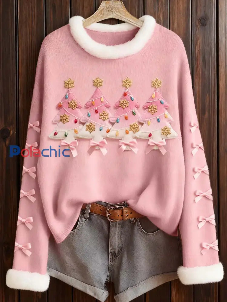 Femmes Rose Arbre De Noël Feutre Art Furry Top Rose / S