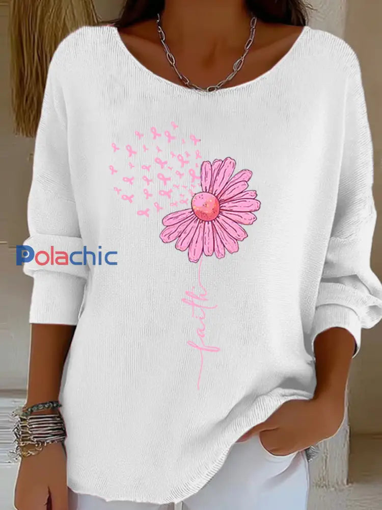 Femmes Rose Ruban Tournesol Foi Impression Sensibilisation Au Cancer Du Sein Soutien Haut À Manches Longues Blanc / S