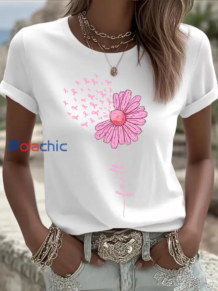 Femmes Rose Ruban Tournesol Imprimer Cancer Du Sein Sensibilisation Soutien Tee Blanc / S