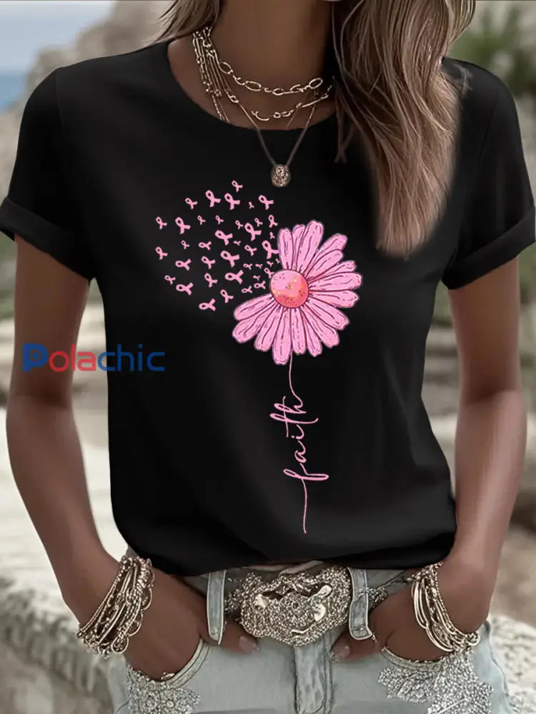 Femmes Rose Ruban Tournesol Imprimer Cancer Du Sein Sensibilisation Soutien Tee Noir / S