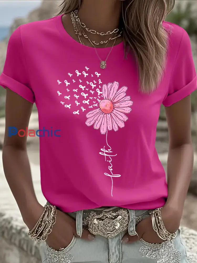 Femmes Rose Ruban Tournesol Imprimer Cancer Du Sein Sensibilisation Soutien Tee Rose Rouge / S