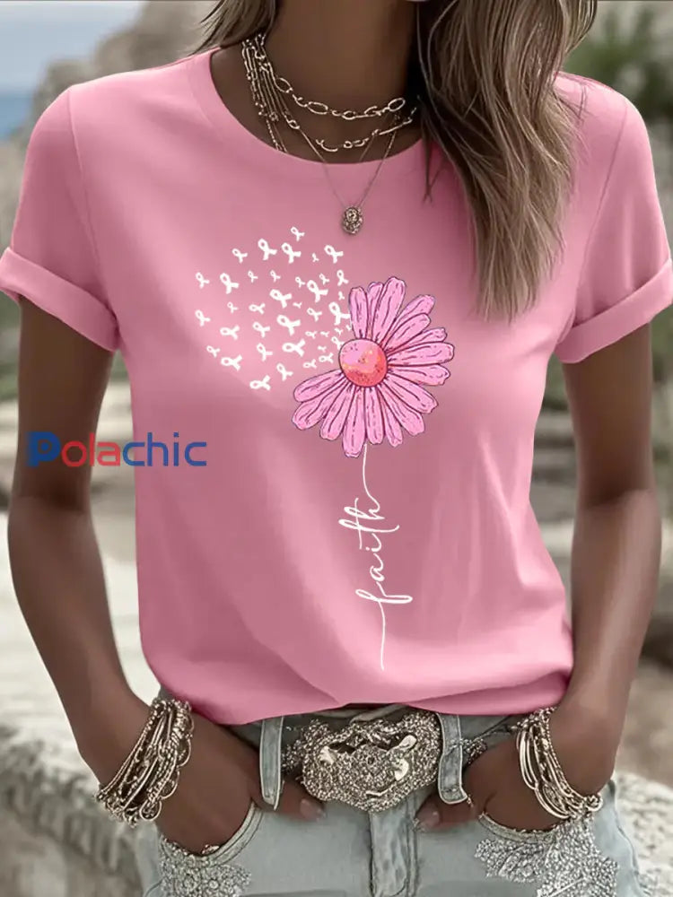 Femmes Rose Ruban Tournesol Imprimer Cancer Du Sein Sensibilisation Soutien Tee Rose / S