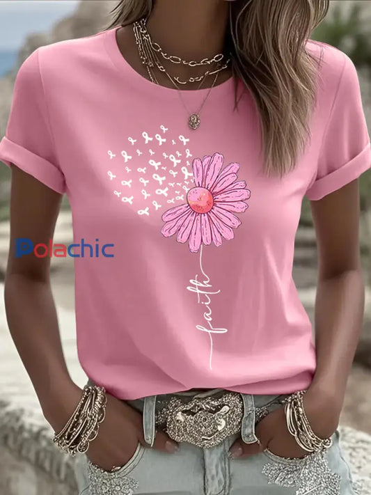 Femmes Rose Ruban Tournesol Imprimer Cancer Du Sein Sensibilisation Soutien Tee Rose / S