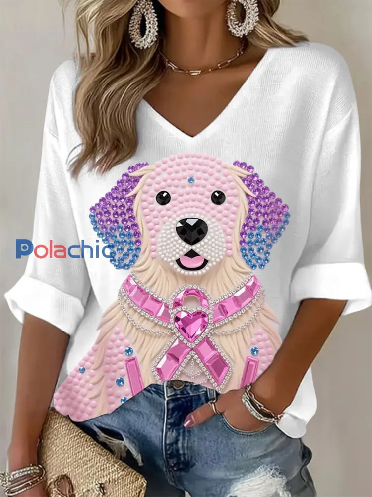 Femmes Rose Strass Chien Rose Ruban Imprimé Sensibilisation Au Cancer Du Sein Soutien À Manches Longues Top Blanc / S