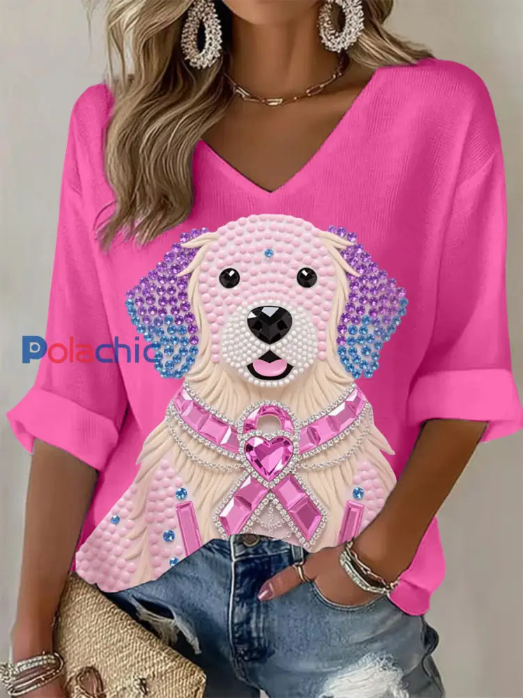 Femmes Rose Strass Chien Rose Ruban Imprimé Sensibilisation Au Cancer Du Sein Soutien À Manches Longues Top Rose Rouge