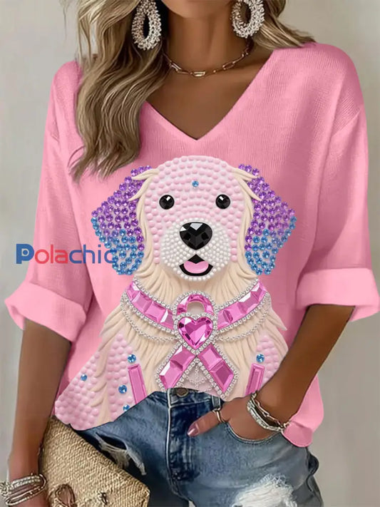 Femmes Rose Strass Chien Rose Ruban Imprimé Sensibilisation Au Cancer Du Sein Soutien À Manches Longues Top Rose / S