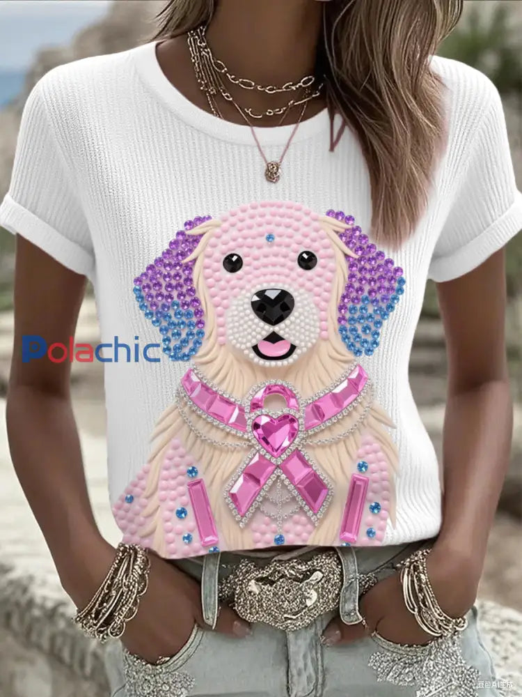Femmes Rose Strass Chien Rose Ruban Imprimer Cancer Du Sein Sensibilisation Soutien Tee Blanc / S