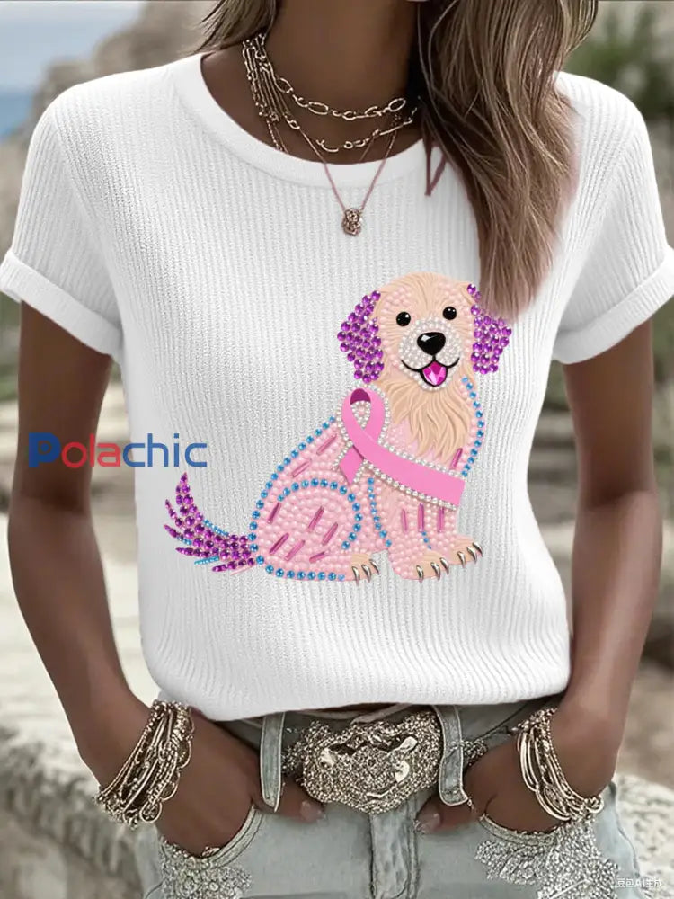 Femmes Rose Strass Chien Rose Ruban Imprimer Cancer Du Sein Sensibilisation Soutien Tee Blanc / S