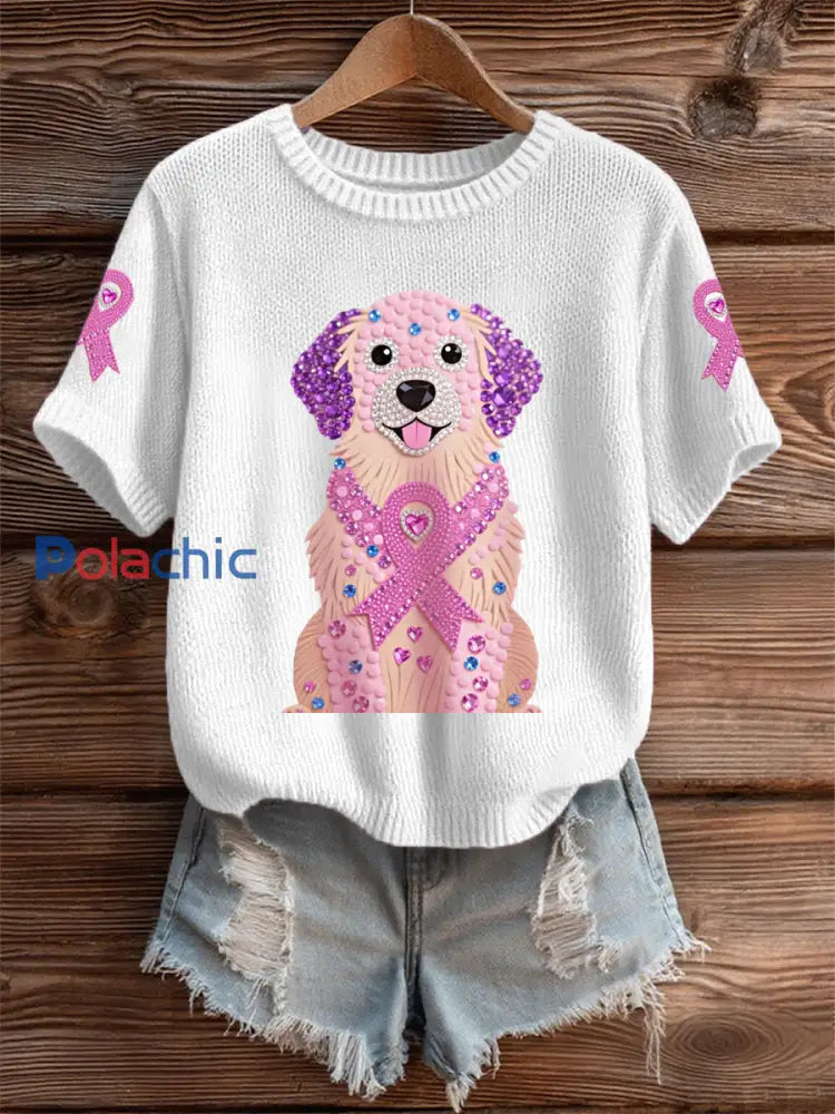 Femmes Rose Strass Chien Rose Ruban Imprimer Cancer Du Sein Sensibilisation Soutien Tee Blanc / S