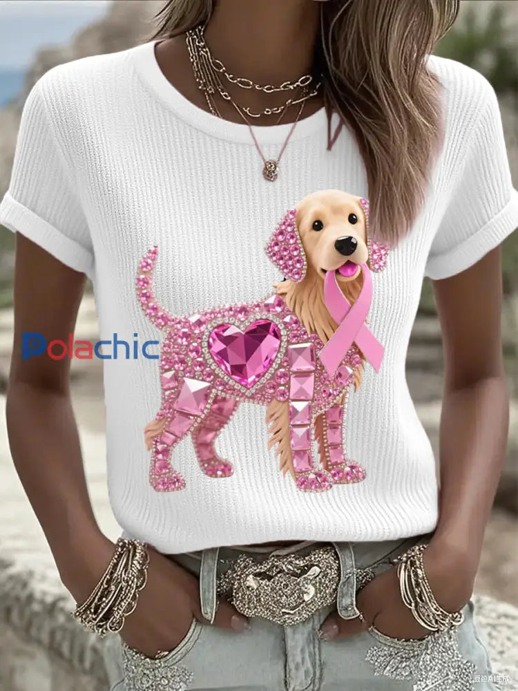 Femmes Rose Strass Chien Rose Ruban Imprimer Cancer Du Sein Sensibilisation Soutien Tee Blanc / S