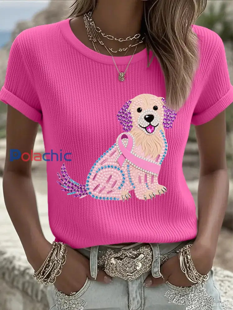 Femmes Rose Strass Chien Rose Ruban Imprimer Cancer Du Sein Sensibilisation Soutien Tee Rose Rouge / S