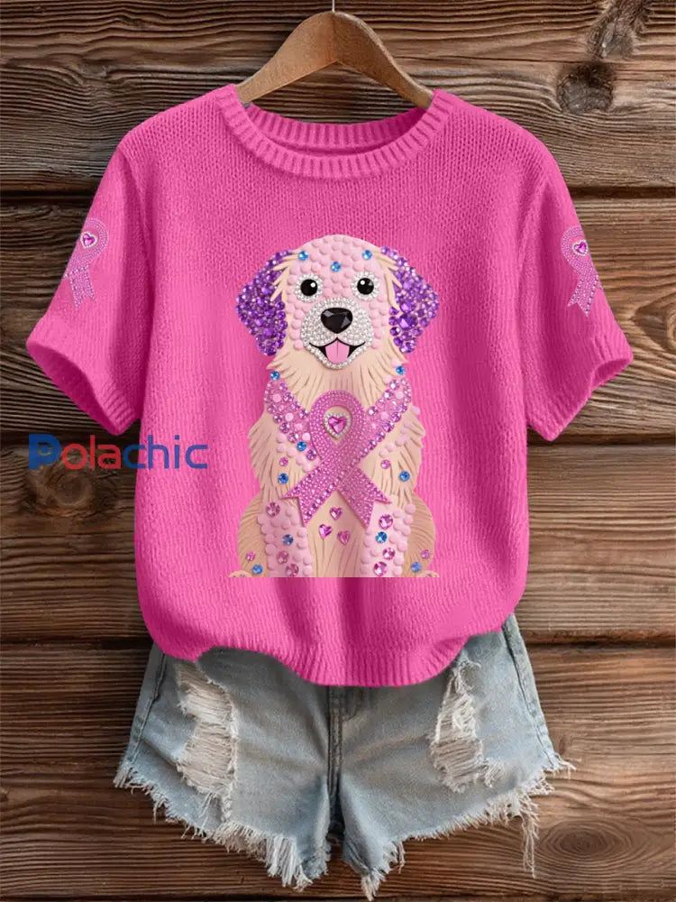 Femmes Rose Strass Chien Rose Ruban Imprimer Cancer Du Sein Sensibilisation Soutien Tee Rose Rouge / S