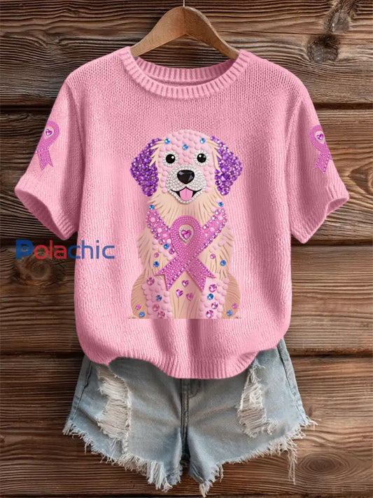 Femmes Rose Strass Chien Rose Ruban Imprimer Cancer Du Sein Sensibilisation Soutien Tee Rose / S