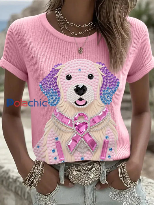 Femmes Rose Strass Chien Rose Ruban Imprimer Cancer Du Sein Sensibilisation Soutien Tee Rose / S