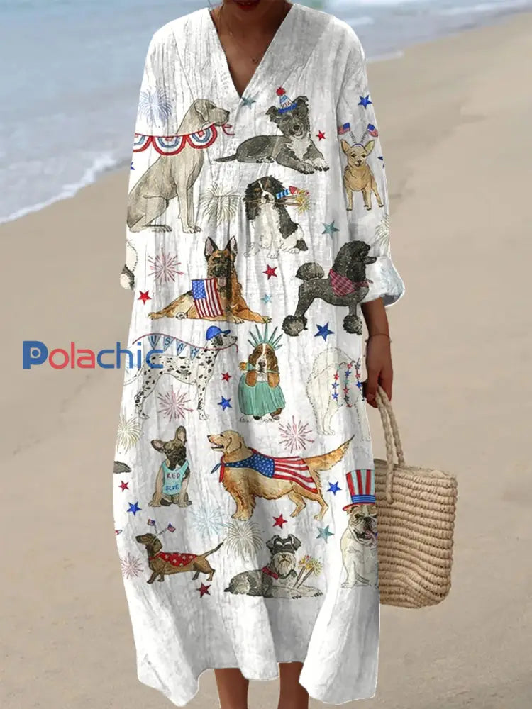 Femmes Vintage Mignon Chiot Art Imprimer Casual V-cou Robes coloré / S
