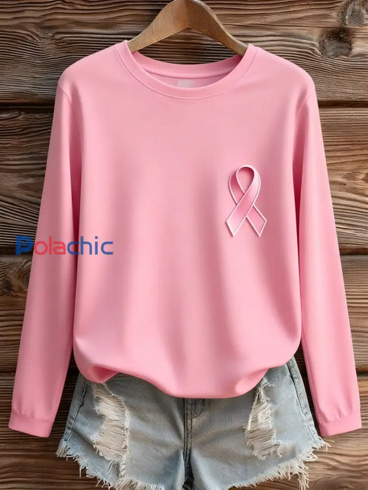 Femmes’s Breast Cancer Awareness Print Knit ras du cou à manches longues Sweatshirt Rose / S
