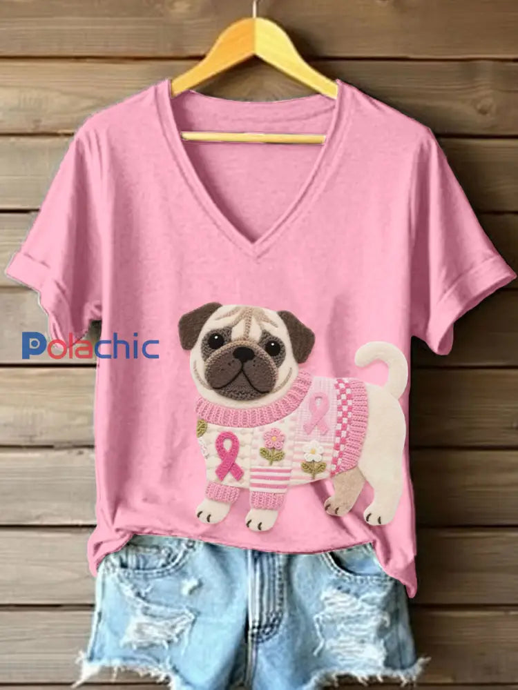 Feutre Art Pug Motif V Neck T Shirt des femmes Rose / S