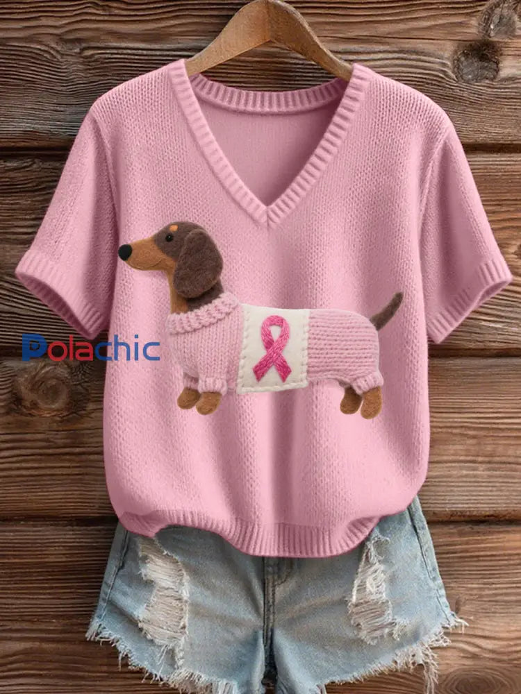 Feutre Art Teckel Motif Cozy V Neck Knit Top des femmes Rose clair / S