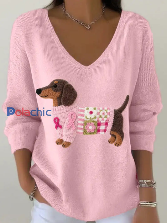 Feutre Art Teckel Motif V-Neck Côtelé Top des femmes Rose clair / S