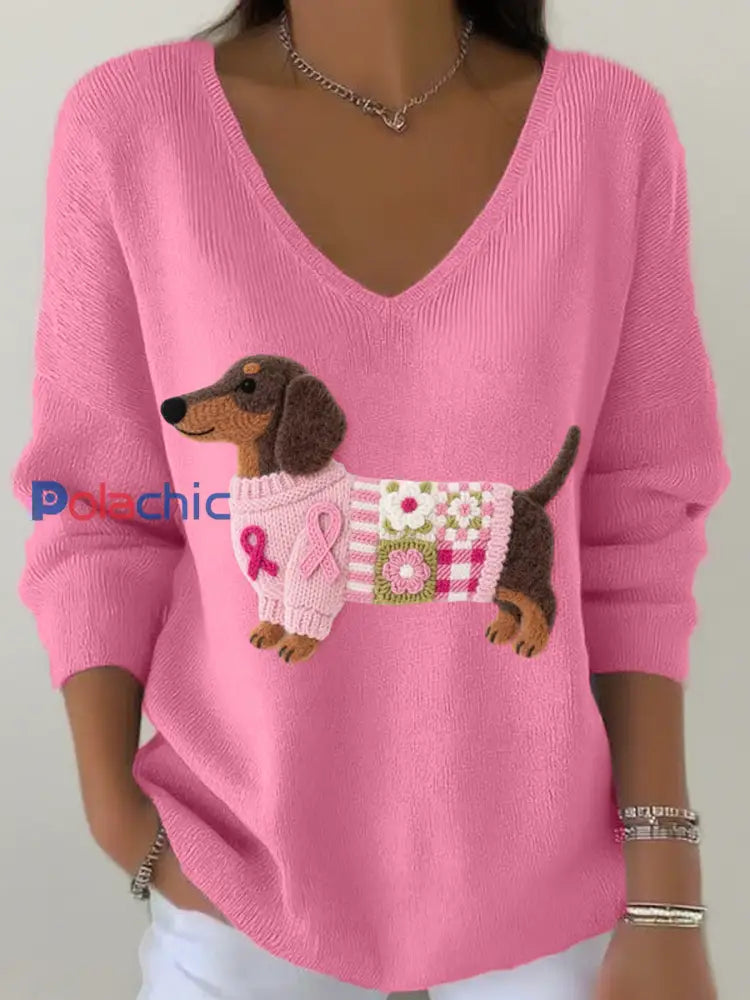 Feutre Art Teckel Motif V-Neck Côtelé Top des femmes Rose / S