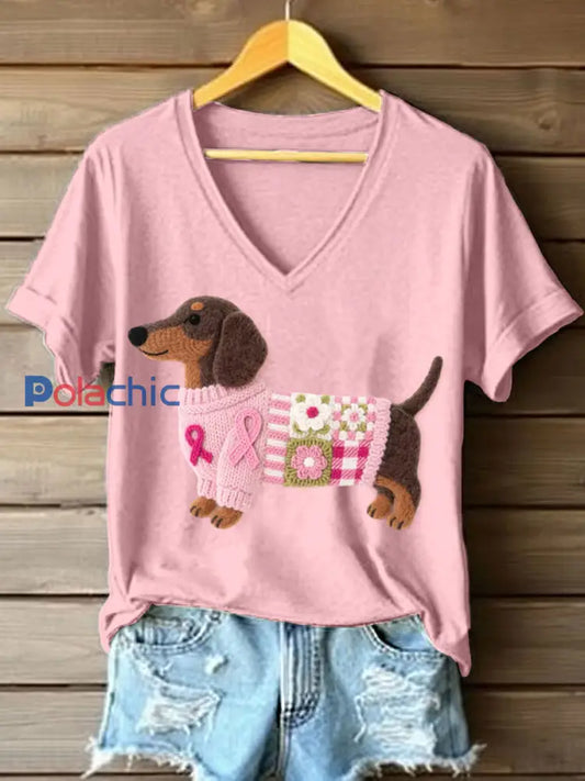 Feutre Art Teckel Motif V-Neck T-Shirt des femmes Rose / S