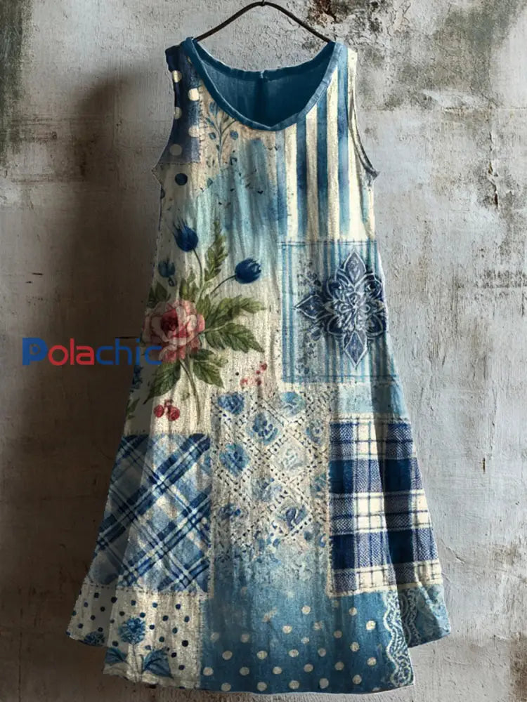 Floral Patchwork Art Print Vintage Lin Robe des femmes comme image / S