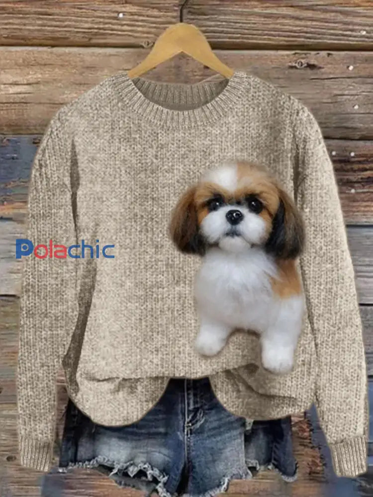 Fuzzy Shih Tzu Chien Feutre Cozy Pull Femme Kaki / S