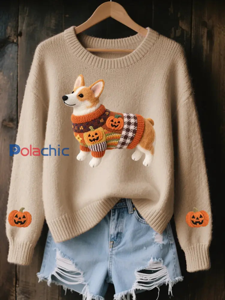 Halloween inspiré Corgi des femmes a senti le chandail en tricot confortable d’art Kaki / S