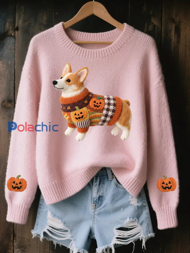 Halloween inspiré Corgi des femmes a senti le chandail en tricot confortable d’art Rose / S