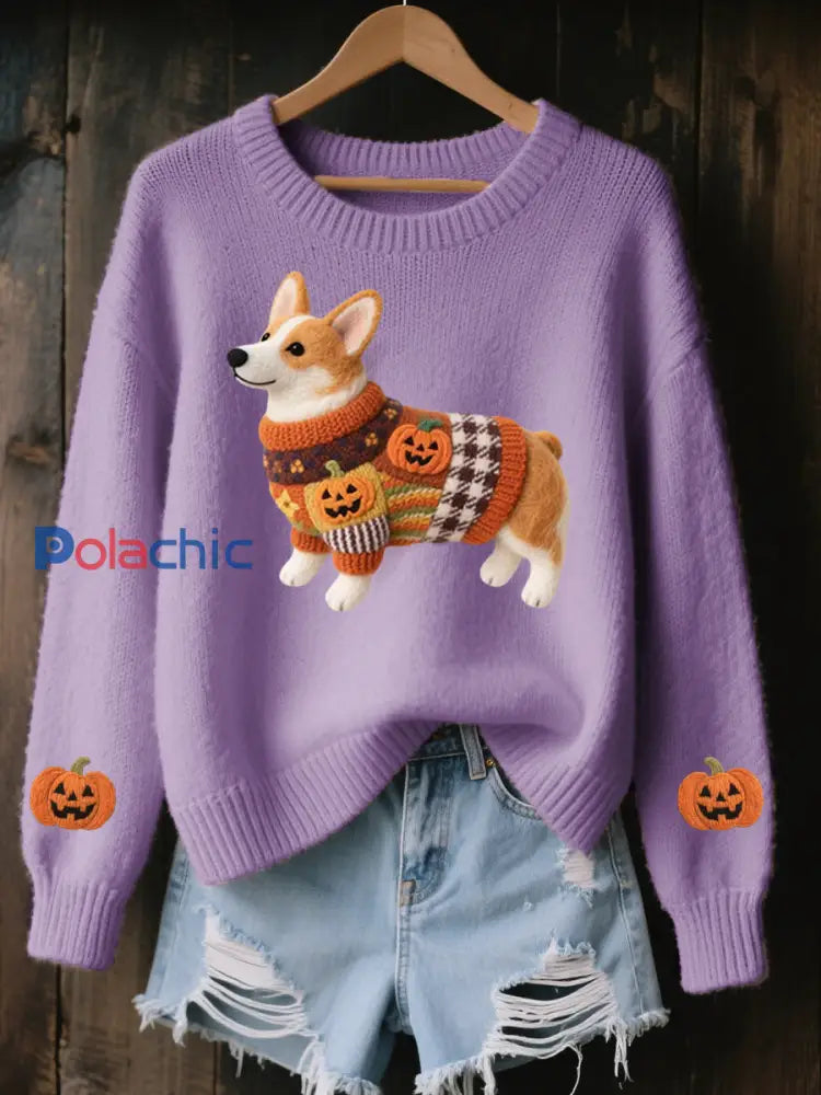 Halloween inspiré Corgi des femmes a senti le chandail en tricot confortable d’art Violet / S