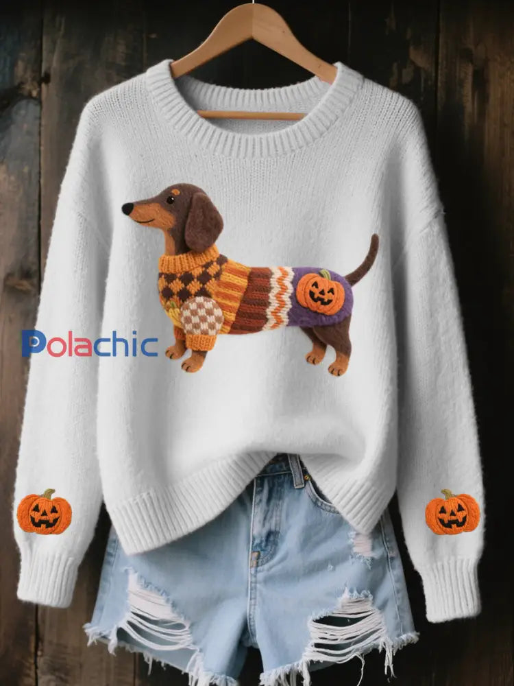 Halloween inspiré des femmes teckel en feutre Art pull en tricot confortable Blanc / S