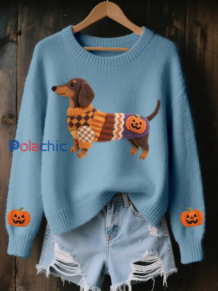 Halloween inspiré des femmes teckel en feutre Art pull en tricot confortable Bleu / S