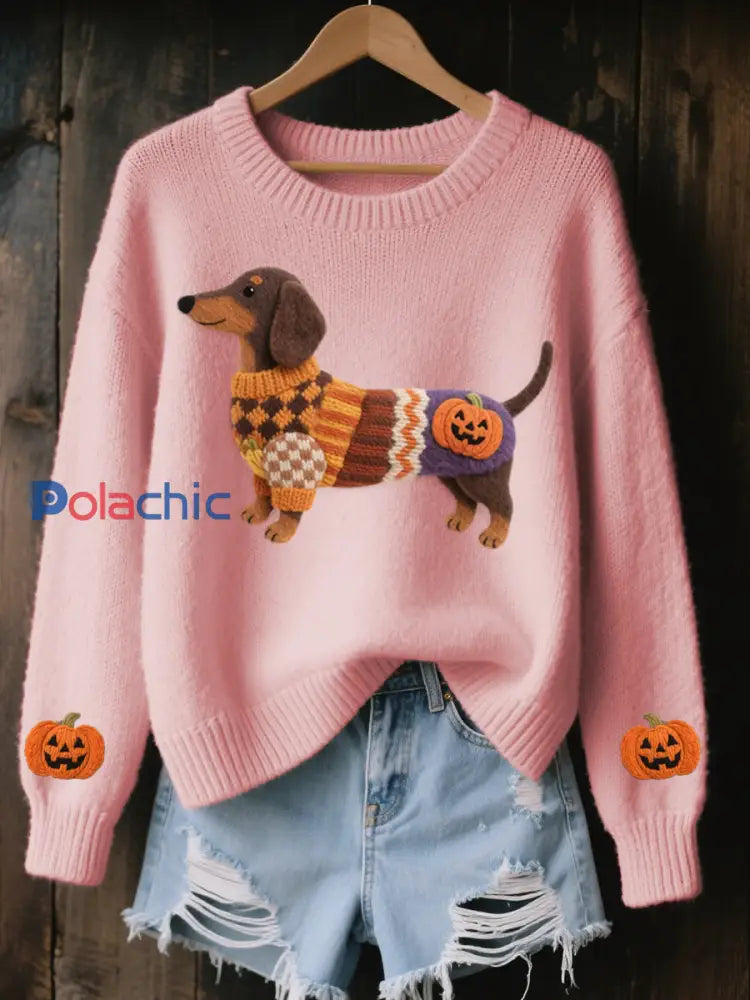 Halloween inspiré des femmes teckel en feutre Art pull en tricot confortable Rose / S