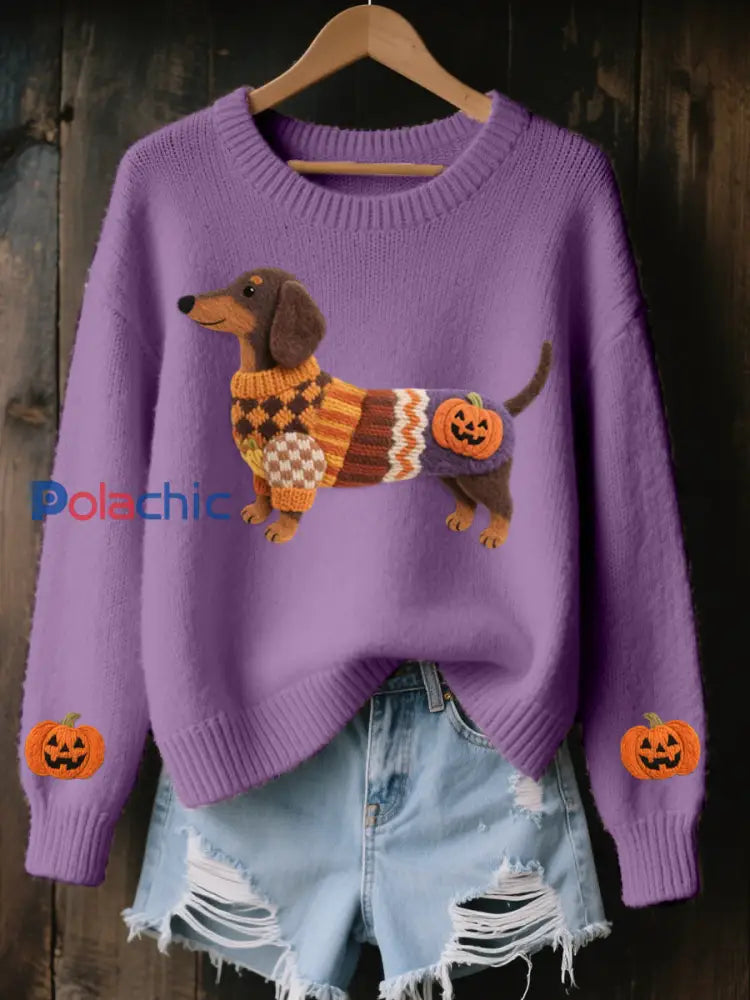 Halloween inspiré des femmes teckel en feutre Art pull en tricot confortable Violet / S