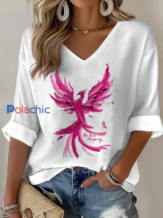 Haut à col en V Phoenix rose Women’s Breast Cancer Awareness Blanc / S