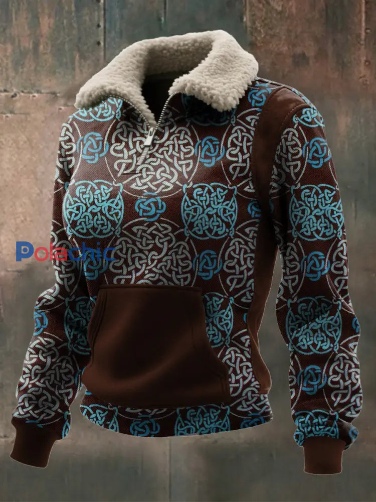 Haut à col zippé en laine d’agneau imprimé Viking pour femmes Marron / S