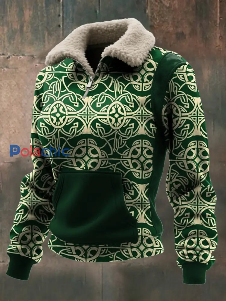 Haut à col zippé en laine d’agneau imprimé Viking pour femmes Vert Foncé / S