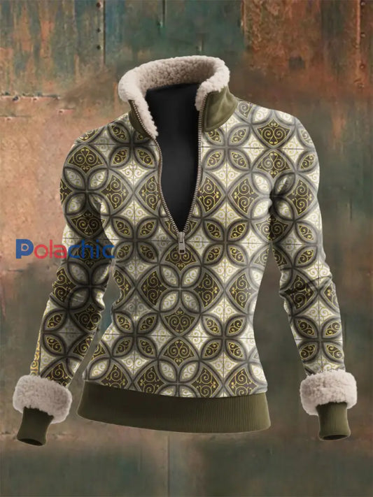 Haut à col zippé en laine d’agneau imprimé Viking pour femmes Vert Olive / S