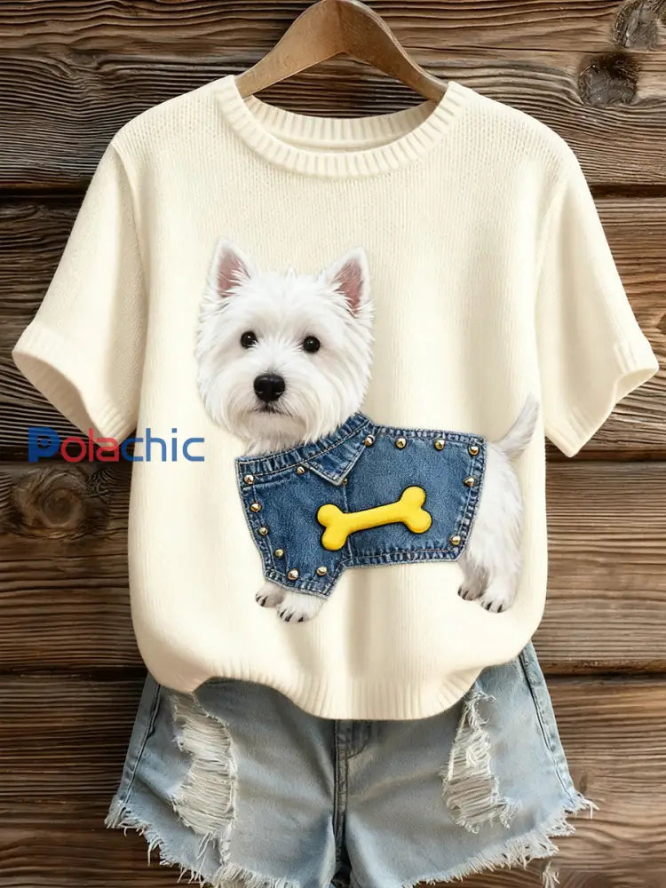 Haut à manches courtes en tricot confortable imprimé animal artistique pour femme A / S