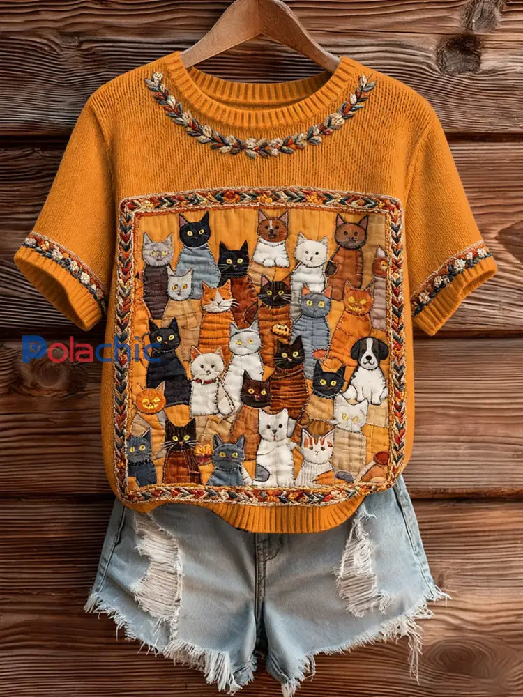 Haut à manches courtes en tricot confortable imprimé animal artistique pour femme A / S