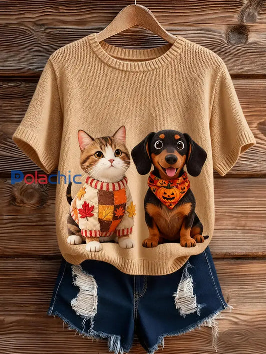 Haut à manches courtes en tricot confortable imprimé animal artistique pour femme A / S